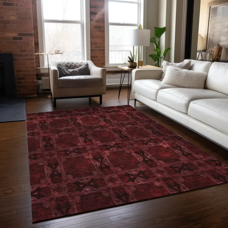 9' X 12' Burgundy and Black Floral Medallion Washable Non Skid Indoor Outdoor Area Rug