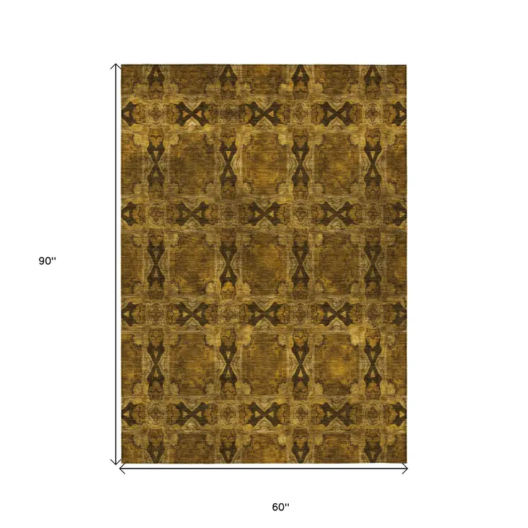5' X 8' Chocolate Floral Medallion Washable Non Skid Indoor Outdoor Area Rug