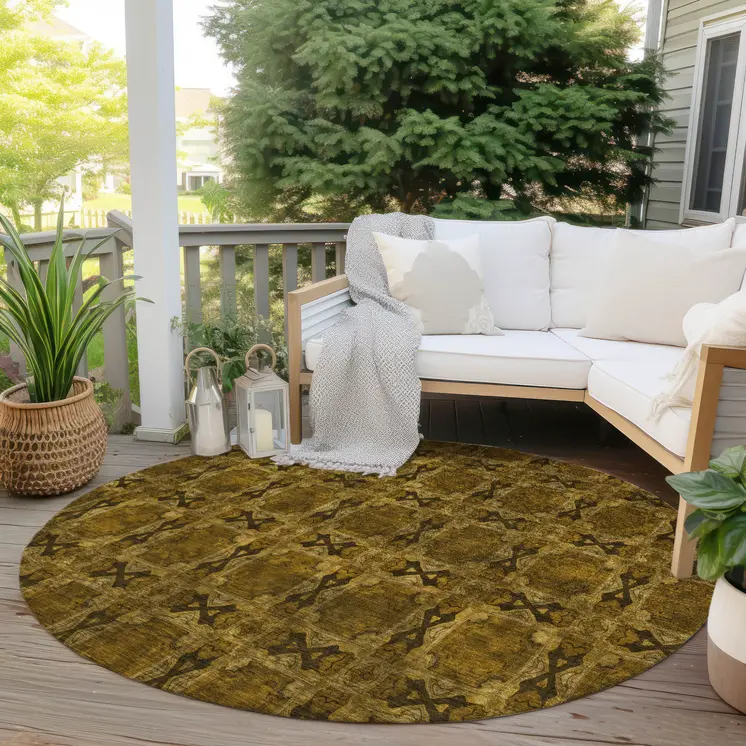 8' Round Chocolate Round Floral Medallion Washable Non Skid Indoor Outdoor Area Rug