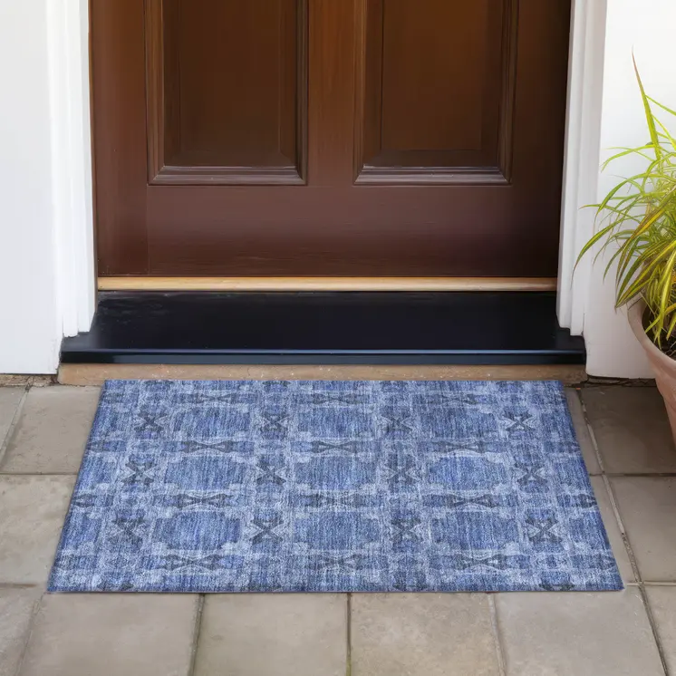 2' X 3' Denim Blue and Gray Floral Medallion Washable Non Skid Indoor Outdoor Area Rug