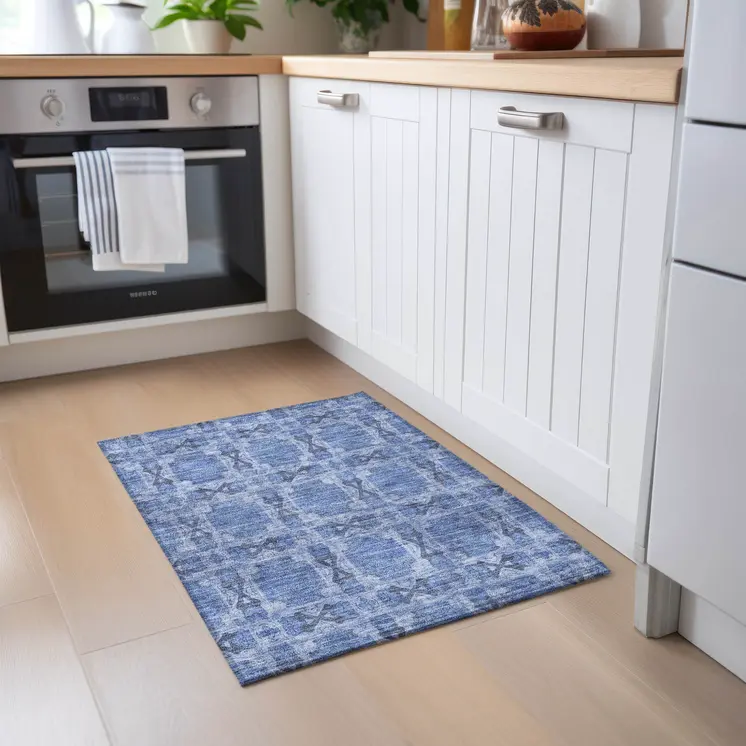 2' X 3' Denim Blue and Gray Floral Medallion Washable Non Skid Indoor Outdoor Area Rug