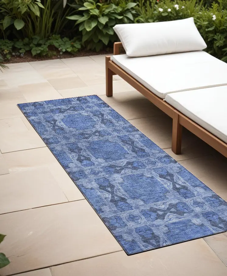8' Runner Denim Blue and Gray Floral Medallion Washable Non Skid Indoor Outdoor Runner Rug