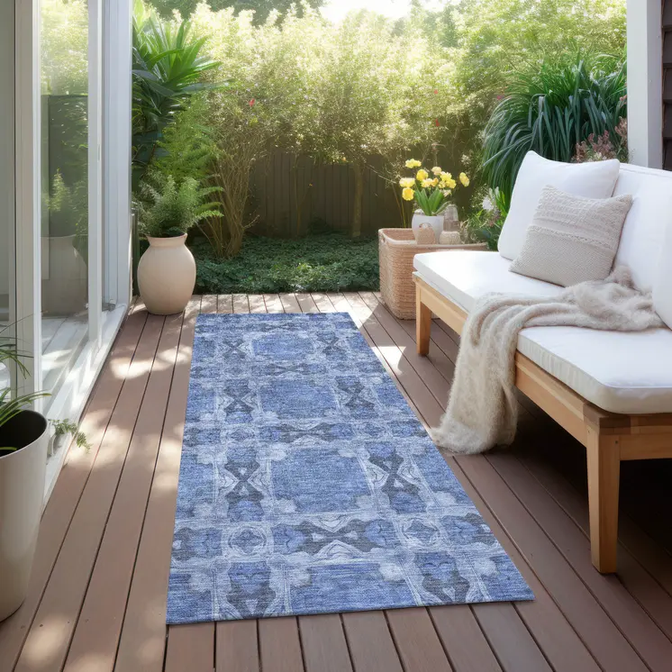 8' Runner Denim Blue and Gray Floral Medallion Washable Non Skid Indoor Outdoor Runner Rug