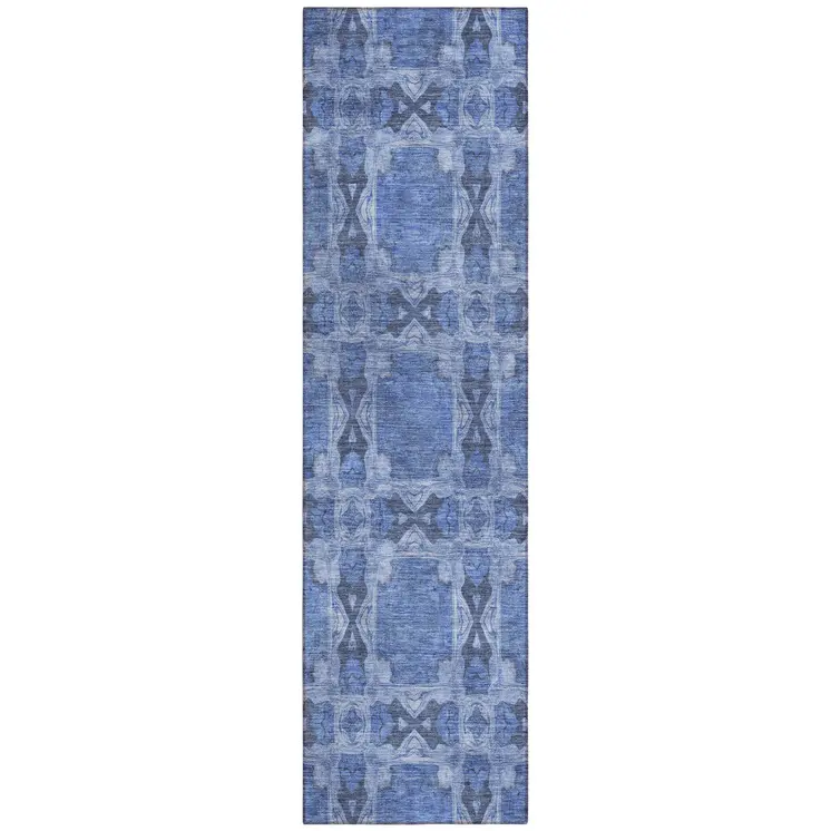 8' Runner Denim Blue and Gray Floral Medallion Washable Non Skid Indoor Outdoor Runner Rug