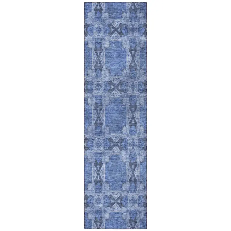 8' Runner Denim Blue and Gray Floral Medallion Washable Non Skid Indoor Outdoor Runner Rug