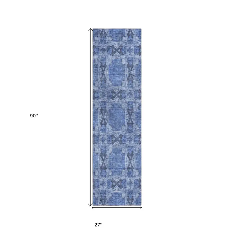 8' Runner Denim Blue and Gray Floral Medallion Washable Non Skid Indoor Outdoor Runner Rug