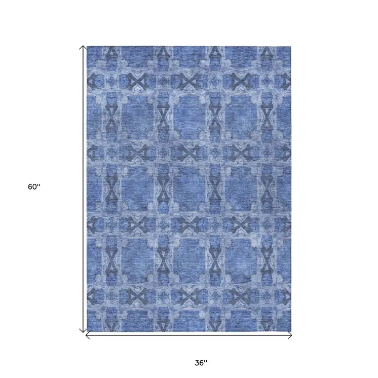 3' X 5' Denim Blue and Gray Floral Medallion Washable Non Skid Indoor Outdoor Area Rug