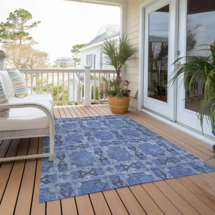 3' X 5' Denim Blue and Gray Floral Medallion Washable Non Skid Indoor Outdoor Area Rug