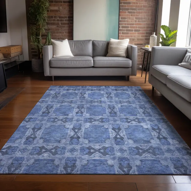 3' X 5' Denim Blue and Gray Floral Medallion Washable Non Skid Indoor Outdoor Area Rug