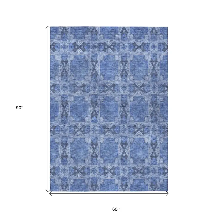 5' X 8' Denim Blue And Gray Floral Medallion Washable Indoor Outdoor Area Rug