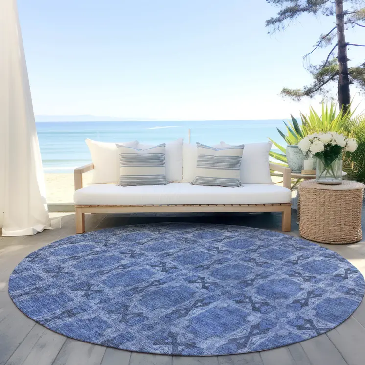 8' Round Denim Blue and Gray Round Floral Medallion Washable Non Skid Indoor Outdoor Area Rug