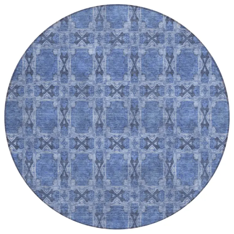 8' Round Denim Blue and Gray Round Floral Medallion Washable Non Skid Indoor Outdoor Area Rug