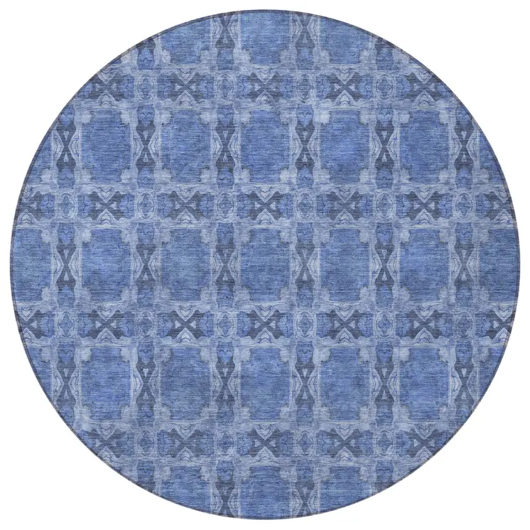 8' Round Denim Blue and Gray Round Floral Medallion Washable Non Skid Indoor Outdoor Area Rug
