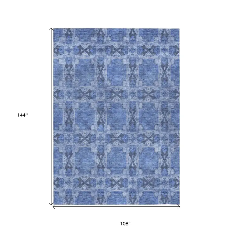 9' X 12' Denim Blue And Gray Floral Medallion Washable Indoor Outdoor Area Rug