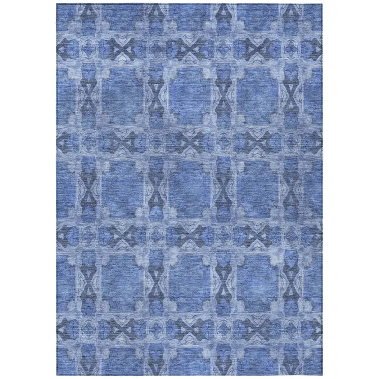 9' X 12' Denim Blue And Gray Floral Medallion Washable Indoor Outdoor Area Rug