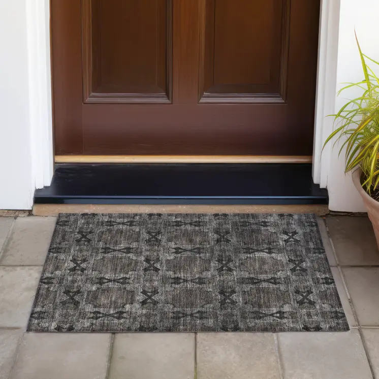2' X 3' Gray and Black Floral Medallion Washable Non Skid Indoor Outdoor Area Rug