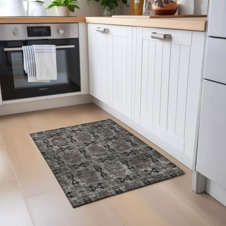 2' X 3' Gray and Black Floral Medallion Washable Non Skid Indoor Outdoor Area Rug