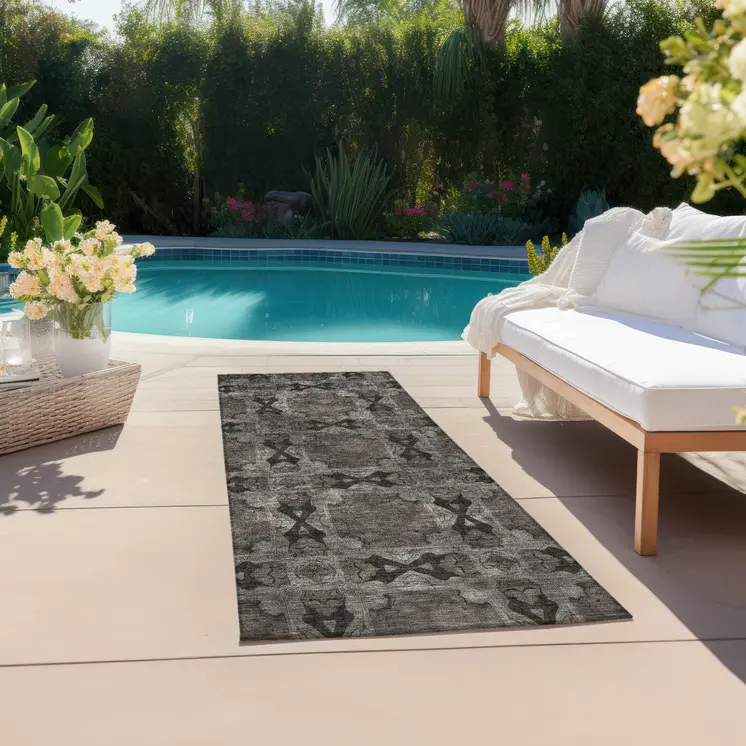 8' Runner Gray and Black Floral Medallion Washable Non Skid Indoor Outdoor Runner Rug