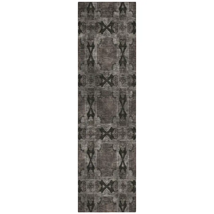 8' Runner Gray and Black Floral Medallion Washable Non Skid Indoor Outdoor Runner Rug
