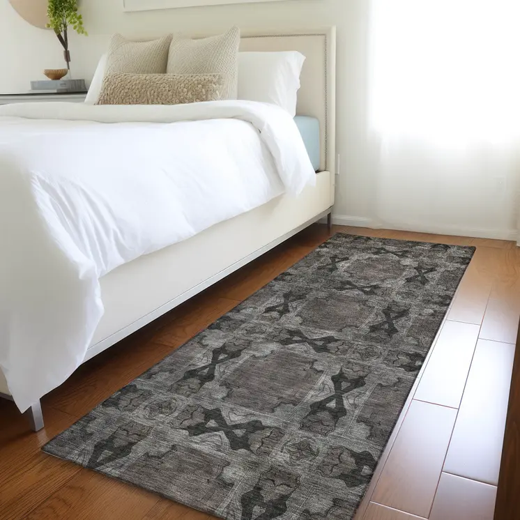 8' Runner Gray and Black Floral Medallion Washable Non Skid Indoor Outdoor Runner Rug