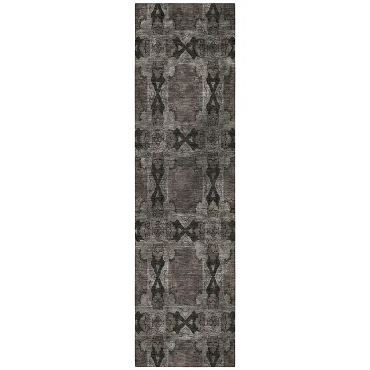 8' Runner Gray and Black Floral Medallion Washable Non Skid Indoor Outdoor Runner Rug