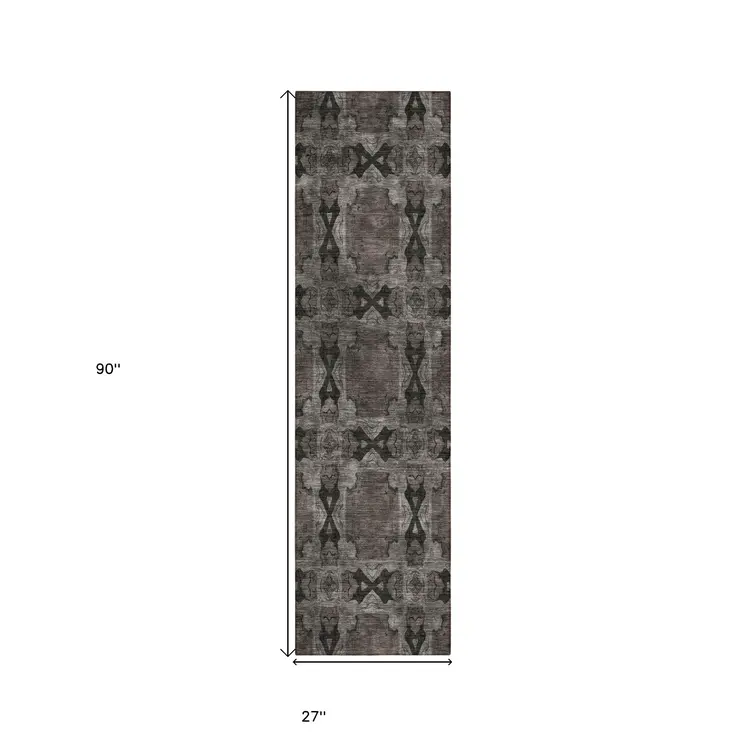 8' Runner Gray and Black Floral Medallion Washable Non Skid Indoor Outdoor Runner Rug
