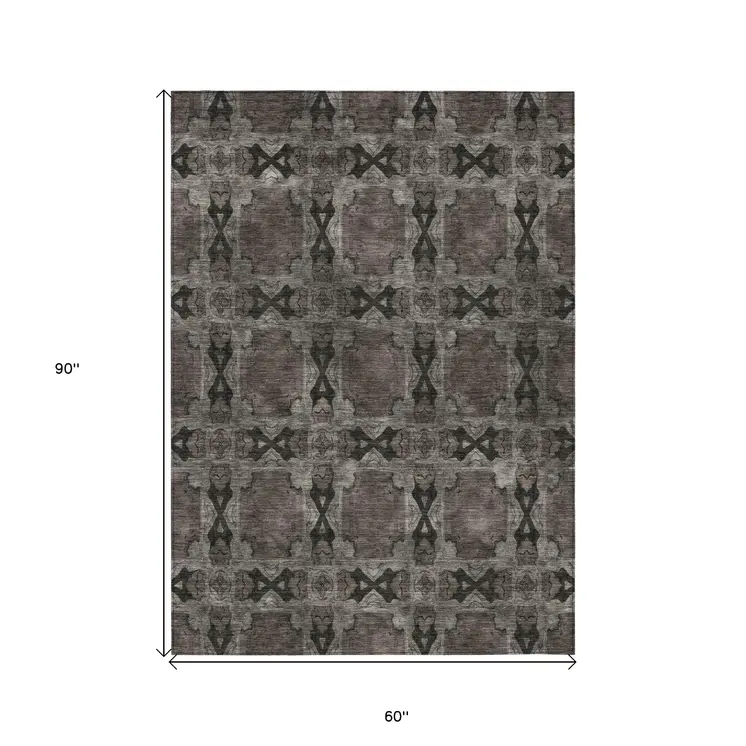 5' X 8' Gray And Black Floral Medallion Washable Indoor Outdoor Area Rug