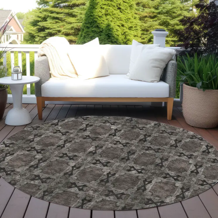 8' Round Gray and Black Round Floral Medallion Washable Non Skid Indoor Outdoor Area Rug