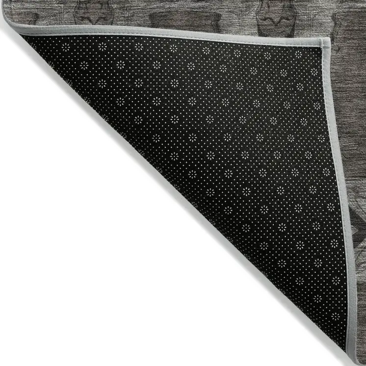 8' Round Gray and Black Round Floral Medallion Washable Non Skid Indoor Outdoor Area Rug