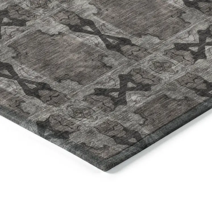 8' Round Gray and Black Round Floral Medallion Washable Non Skid Indoor Outdoor Area Rug