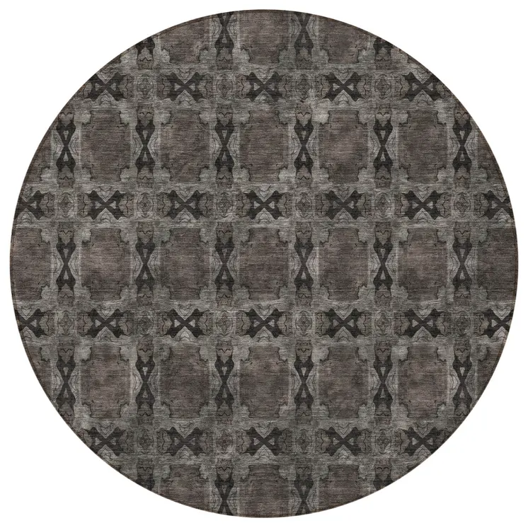 8' Round Gray and Black Round Floral Medallion Washable Non Skid Indoor Outdoor Area Rug