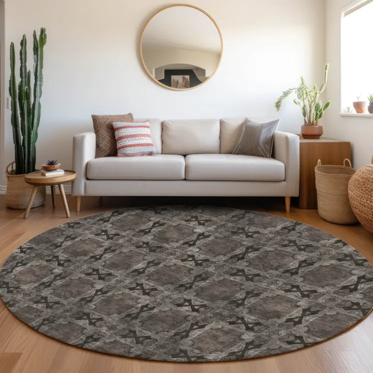 8' Round Gray and Black Round Floral Medallion Washable Non Skid Indoor Outdoor Area Rug