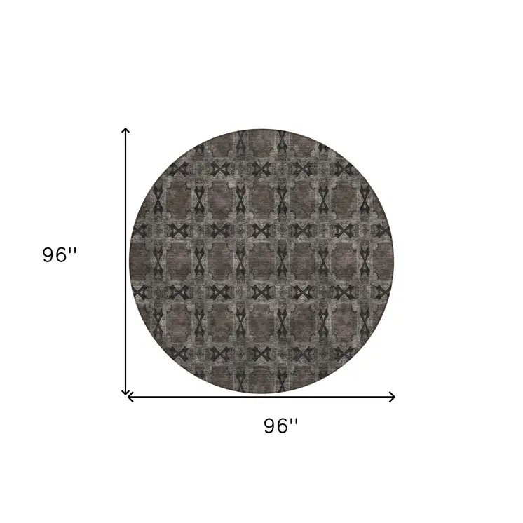 8' Round Gray and Black Round Floral Medallion Washable Non Skid Indoor Outdoor Area Rug