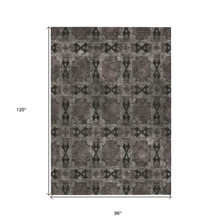 8' X 10' Gray And Black Floral Medallion Washable Indoor Outdoor Area Rug