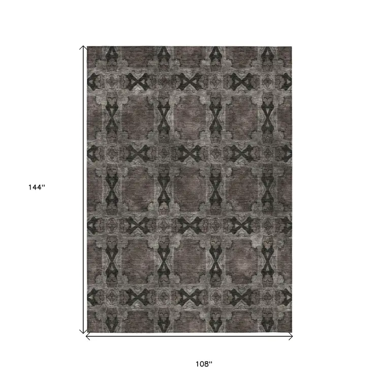 9' X 12' Gray and Black Floral Medallion Washable Non Skid Indoor Outdoor Area Rug