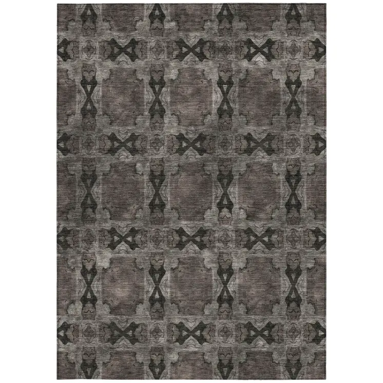9' X 12' Gray and Black Floral Medallion Washable Non Skid Indoor Outdoor Area Rug