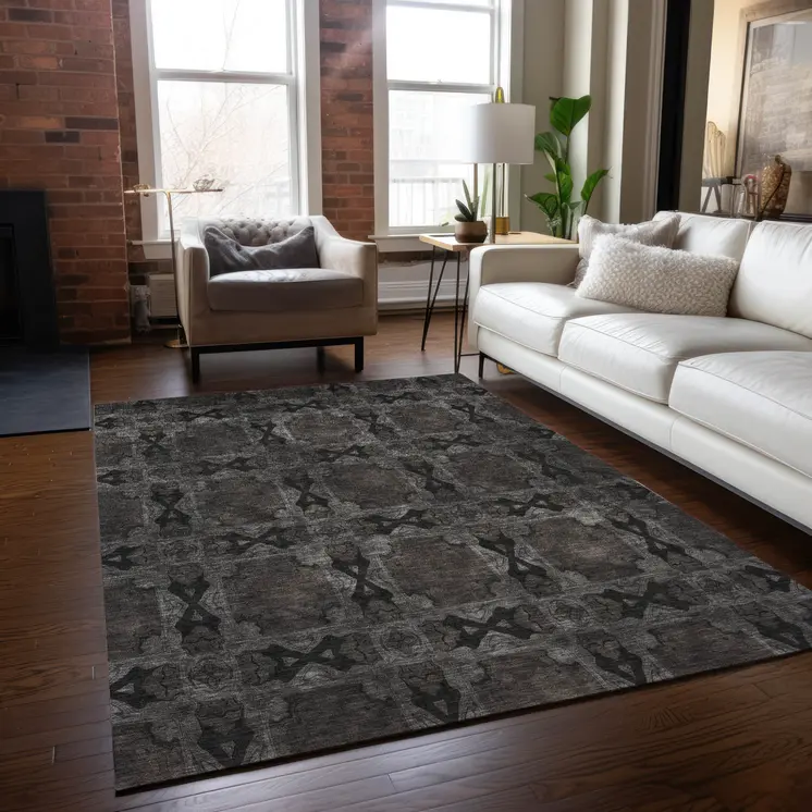 9' X 12' Gray and Black Floral Medallion Washable Non Skid Indoor Outdoor Area Rug