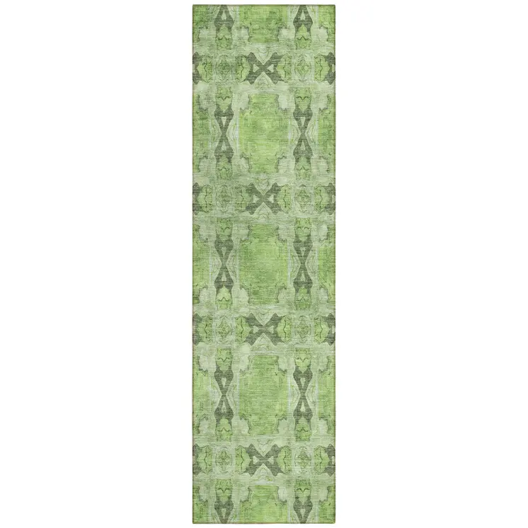 8' Runner Green Floral Medallion Washable Non Skid Indoor Outdoor Runner Rug