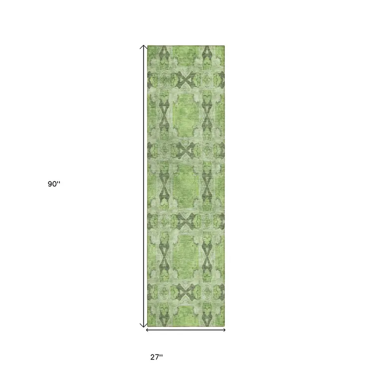 8' Runner Green Floral Medallion Washable Non Skid Indoor Outdoor Runner Rug