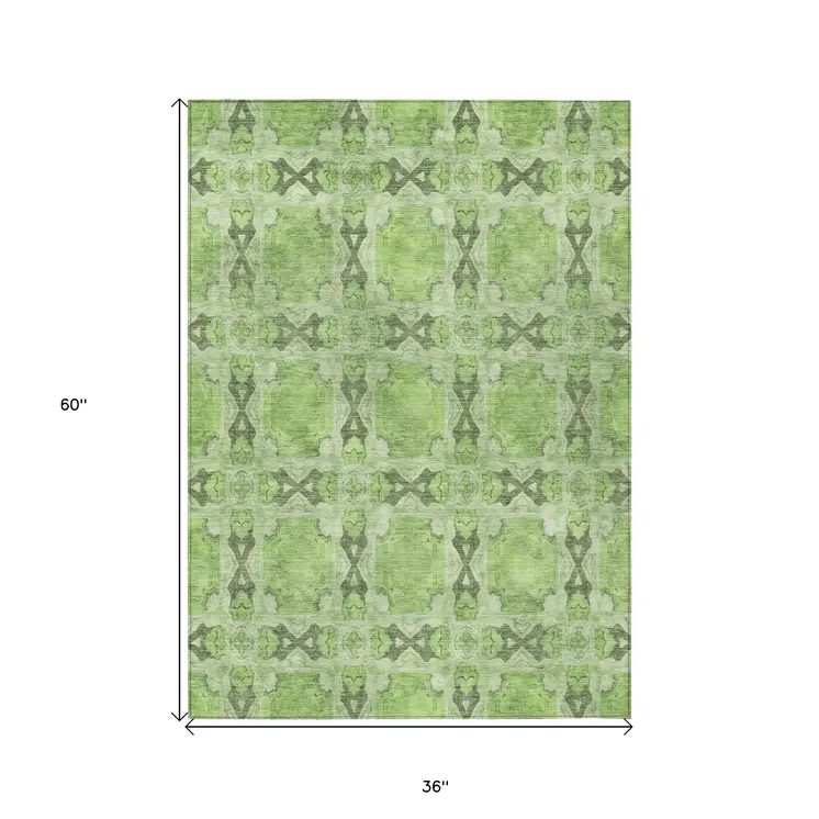 3' X 5' Green Floral Medallion Washable Non Skid Indoor Outdoor Area Rug