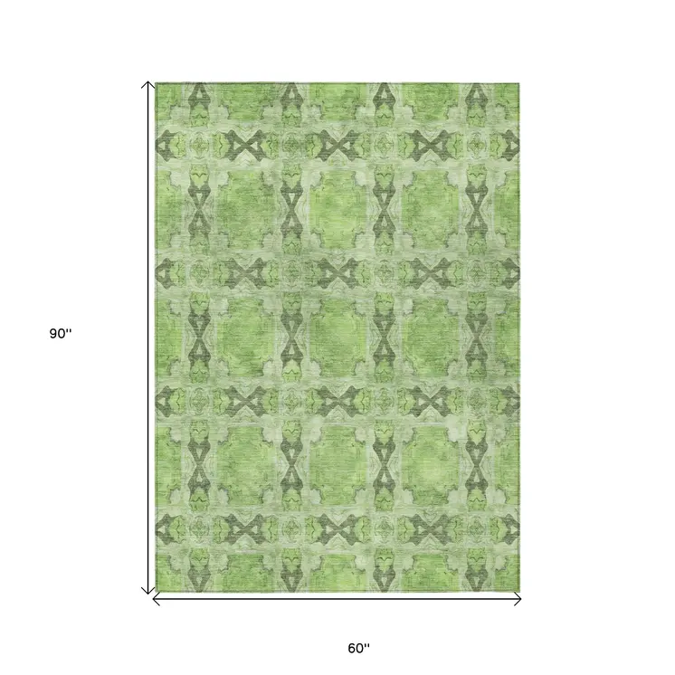 5' X 8' Green Floral Medallion Washable Non Skid Indoor Outdoor Area Rug
