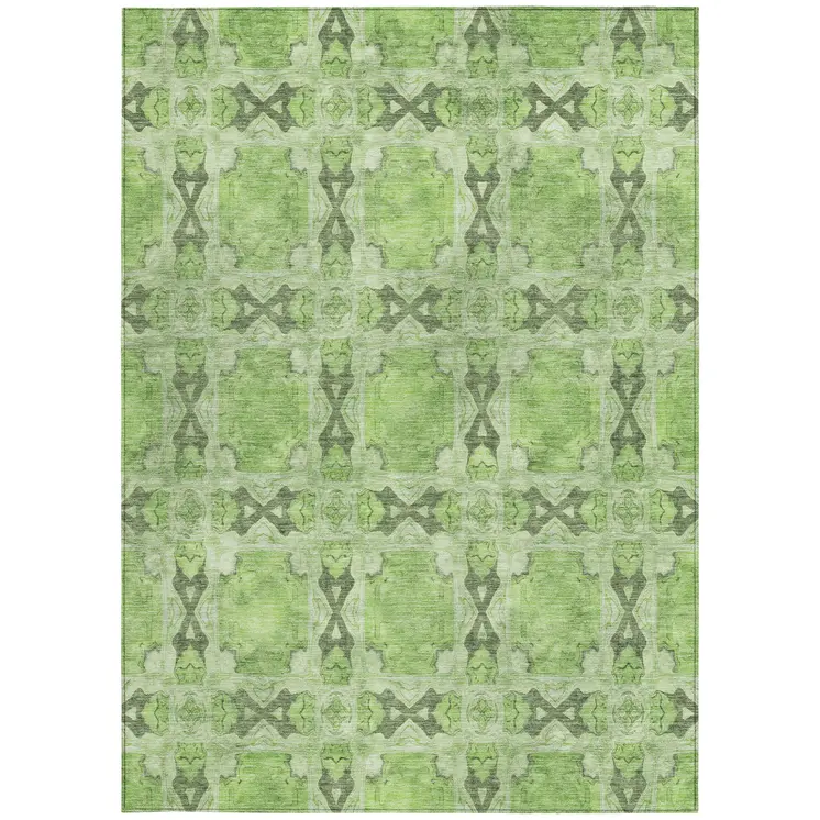 5' X 8' Green Floral Medallion Washable Non Skid Indoor Outdoor Area Rug