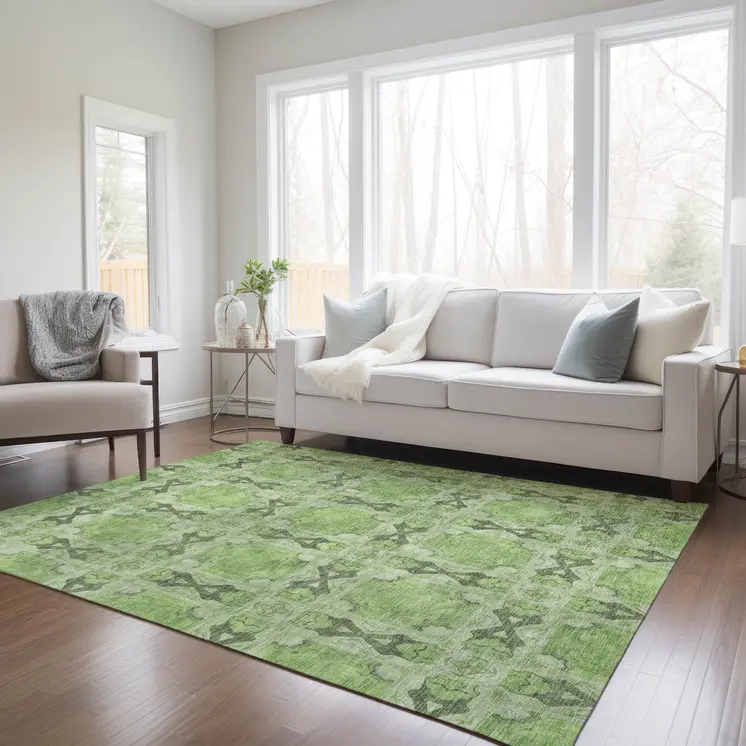 5' X 8' Green Floral Medallion Washable Non Skid Indoor Outdoor Area Rug