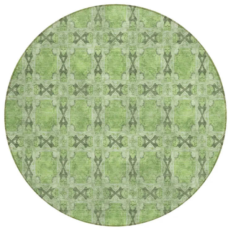 8' Round Green Round Floral Medallion Washable Non Skid Indoor Outdoor Area Rug