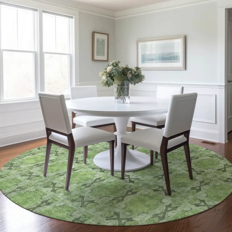 8' Round Green Round Floral Medallion Washable Non Skid Indoor Outdoor Area Rug