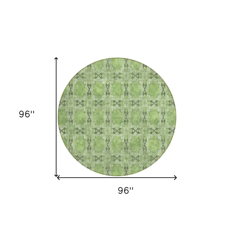 8' Round Green Round Floral Medallion Washable Non Skid Indoor Outdoor Area Rug