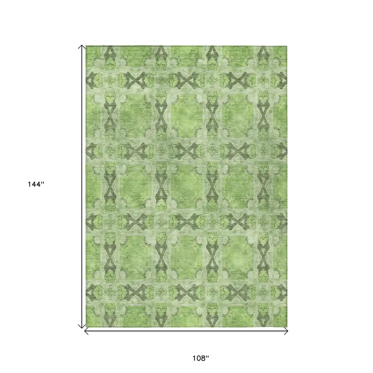 9' X 12' Green Floral Medallion Washable Non Skid Indoor Outdoor Area Rug