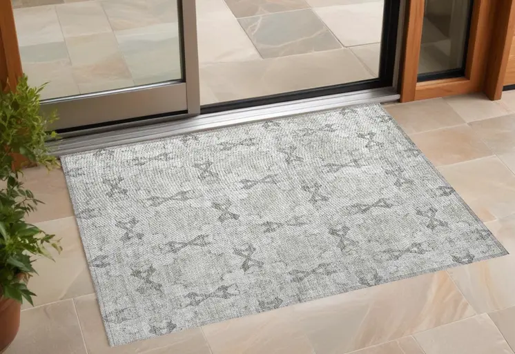 2' X 3' Ivory and Gray Floral Medallion Washable Non Skid Indoor Outdoor Area Rug
