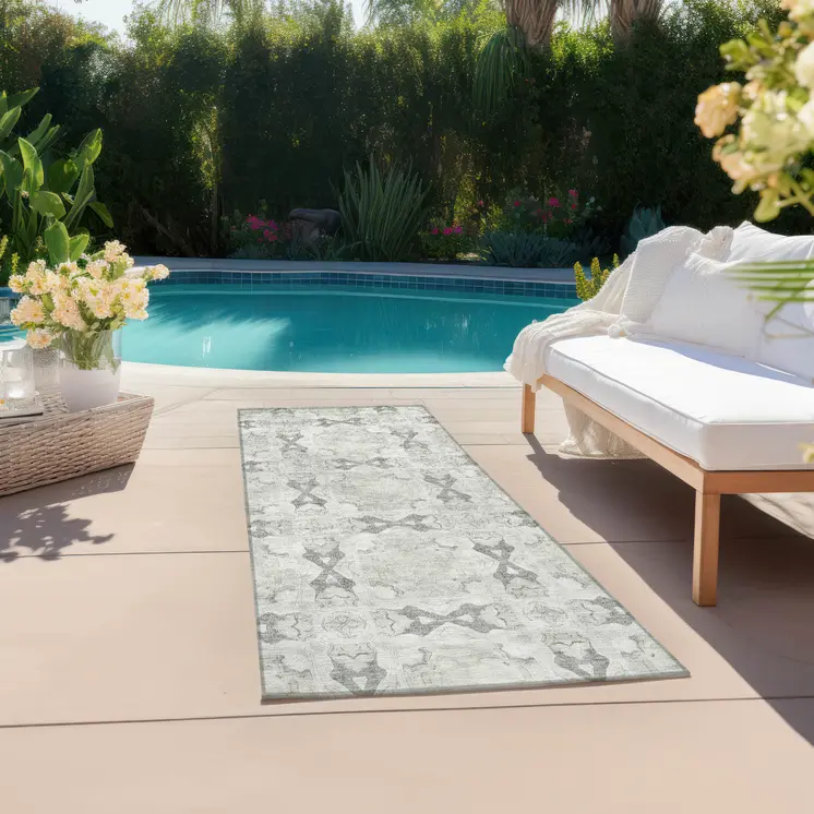8' Runner Ivory and Gray Floral Medallion Washable Non Skid Indoor Outdoor Runner Rug
