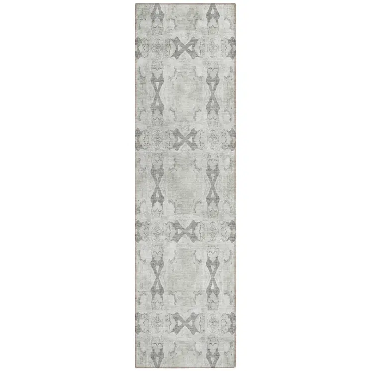 8' Runner Ivory and Gray Floral Medallion Washable Non Skid Indoor Outdoor Runner Rug